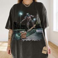 Vintage Mandalorian Shirt Comfort Colors Grogu Skateboarding Tee Retro Streetwear Din Djarin Graphic T-Shirt S gray