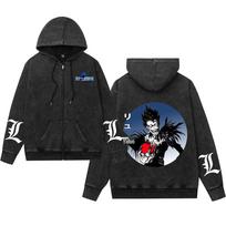 Unisex Retro Zipper Hoodie with Distressed Death Note Print L black