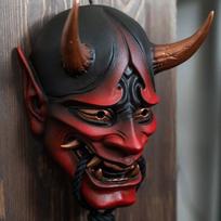 Japanese Oni Mask Headset Red Ghost Face Fangs Halloween Cosplay Prop Hannya Mask - Red
