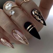 Black Pointed Medium-Length Press-On False Nails with Hot Stamping Glue Version JP2829 black