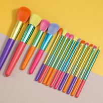 15 PCs Rainbow Color High Quality Makeup Brush Set - Perfect for Eyeshadow, Foundation, and Cosmetic Tools blue
