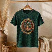 Nomad Sari Stonewashed Cotton T-Shirt - Tree of Life - Green - Medium brown