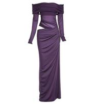 Sexy Spice Girl Wind Tulle Hollow Pure Desire One-word Shoulder Early Autumn New Temperament Hip Wrap Waist Skinny Splicing Long Dress XL violetinė