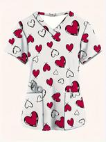 Uniforms Women Medical Elegant Heart Print Obstetrics Medico Top Fashion V-Neck Short Sleeve with Pocket Clinical Uniforms Woman 2XL gray