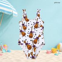 Girls Scoop Neck Wide Straps Sleeveless One Piece Swimsuit White Halloween Printed 160 white