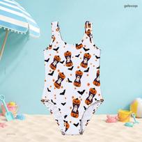 Girls Scoop Neck Wide Straps Sleeveless One Piece Swimsuit White Halloween Printed 100 white
