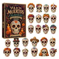Christmas Countdown Calendar Day of The Dead Advent Calendar, 24-Pack Acrylic 2D Ornament Miniature Village Collectible Set with Sugar Skull Designs, F beige