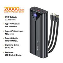 QOOVI 30000mah Power Bank 22.5W Greitas Įkrovimas Integruotas Kabelis Išorinė Didelė Baterija Nešiojamas Įkroviklis iPhone Samsung Xiaomi juoda