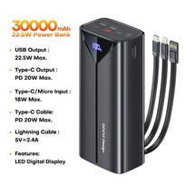 QOOVI 30000mah Power Bank 22.5W Greitas Įkrovimas Integruotas Kabelis Išorinė Didelė Baterija Nešiojamas Įkroviklis iPhone Samsung Xiaomi juoda