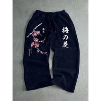 Men's Casual Pants with Plum Blossom Print and Japanese Text Design, Suitable for Daily Wear with Wide Leg Pants, Cute Flower Pattern XXL black