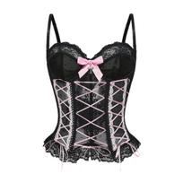 Seksualus moteriškas korsetas su nėriniu ir lankeliu, su kaulais, liemenį formuojantis bustier apatinis trikotažas L rožinė