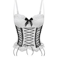 Seksualus moteriškas korsetas su nėriniu ir lankeliu, su kaulais, liemenį formuojantis bustier apatinis trikotažas S balta