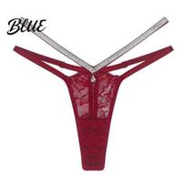 Tight Clothing Underwear Women's Glitter Thong Sexy Floral Lace Sheer Hollow Panties Strappy Rhinestone Strap G-String Stretch Invisible Fit S vyno raudonos spalvos