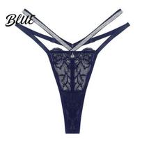 Tight Clothing Underwear Women's Glitter Thong Sexy Floral Lace Sheer Hollow Panties Strappy Rhinestone Strap G-String Stretch Invisible Fit L karališkos mėlynos spalvos
