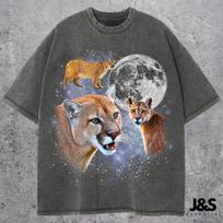 Three Cougar Retro Graphic T-shirts, Vintage Cougar Moon Tshirt, Cougar Lovers, Funny Cougar Tee, Oversized Washed Tee, Silly Gift, Cougars 100 gray