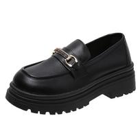 British Style Small Leather Shoes Women  Spring and Autumn New Thick-soled Single Shoes Slip-on French Loafers Women 35 black