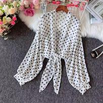 French Chic Women Blusas De Mujer Polka Dot Long Sleeve V-Neck Lace-Up Female Blouse Ladies Elegant Sheer Tops Dropshipping white