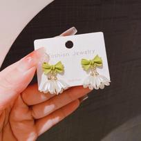 Green Bow and Lily of the Valley Tulip Earrings with Bell Other white
