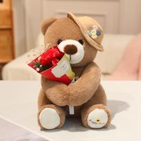 Adorable Top Hat Teddy Bear Plush with Flowers - Perfect Valentine's Gift Gift Bag Only brown