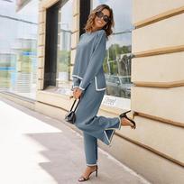 Women's Knitted Two-piece Long-sleeved Loose Top, Wide-leg Pants, Home Service Casual Round Neck Suit XL mėlyna