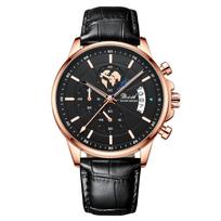 DIZIZID Analog Quartz 3 ATM Water Genuine Leather Date Luminous Textured Simple and Stylish Business Gift for Job Hunting Men's Watch, Chronograph, black