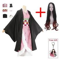 Kamado Nezuko Cosplay Kostiumas Anime Kimono Kamado Nezuko Perukas Uniforma Helovinas Moterys Vaikų Drabužiai 130CM black