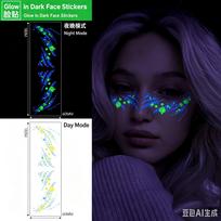 Glow in Dark Waterproof Face Temporary Tattoo Sticker, Halloween Festival Party Facial Makeup Decoration 150MM*140MM blue