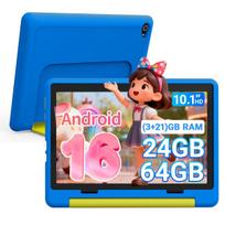 Android 16 vaikiškas planšetinis kompiuteris, 10,1 colio, 24GB + 64GB, WiFi 6, 6000 mAh, atsparus smūgiams dėklas purple