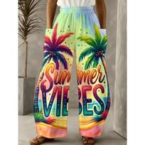 [Vibrant Summer Vibe] Vibrant 'Summer Vibe' Palm Tree Pants | Wide-Leg for Women | Tropical Vacation Casual Fashion XL beige
