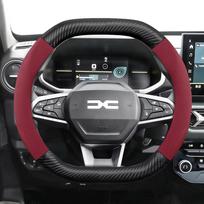 Suitable for Dacia Suede Matte Carbon Fiber Texture Steering Wheel Cover, Suitable for Models Such as Sandero Stepway, Duster, Jogger, Bigster, Red Oval Carbon