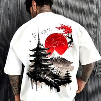 Japanese Pagoda Mount Fuji Red Sun Sakura Art Graphic Print T Shirt Unisex Crew Neck Short Sleeve Casual Streetwear Fashion Tees Tops For Men Women XXXL gray