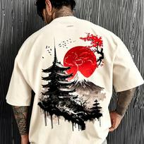 Japanese Pagoda Mount Fuji Red Sun Sakura Art Graphic Print T Shirt Unisex Crew Neck Short Sleeve Casual Streetwear Fashion Tees Tops For Men Women S gray