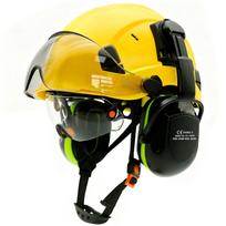 Saugos šalmas su įmontuotais skydeliais ir akiniais, kontrastingos spalvos, ausinės triukšmo slopinimui, inžinieriaus apsauginis šalmas, ANSI pramoninis darbo dangalas Yellow Small hole