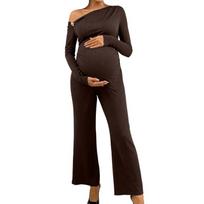 Maternity 2-Piece Set: Off-Shoulder Fitted Top High-Waisted Wide-Leg Pants Pregnant Women Coffee Solid Long Sleeve 2025 EU XL vercafe spalva