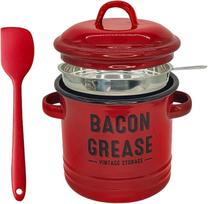 Large 46OZ Bacon Grease Container with Strainer Kitchen Oil Storage Can, Food Saver Bin with Lid Cooking Pot Keeper Collector raudona
