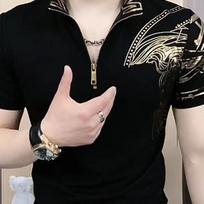 2024 Summer Europe Trend Printed Gilding Stand Collar Men's Short Sleeve Pullovers Fashion All-match Office Lady Hoodies Tops L juoda