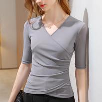 Mesh Backing Shirt Women's Autumn Cross V-Neck Medium Sleeve T-shirt Half Sleeve Top Elegant and Comfortable Women's T-Shirt XXXL pilka