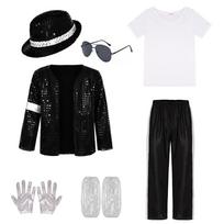 Michael Jackson Kostiumas Vyriškas 80-ųjų Retro Blizgučiai Šokio Mj Kostiumai Pasiruošimas Helovinui Su Skrybėle Akiniais Nuo Saulės Ir Pirštinėmis XL black