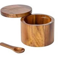 Wooden Seasoning Jar Pepper Salt Shaker Seasoning Box Large Capacity Pepper Box with Spoon Magnetic Rotating Lid Kitchen Storage brown