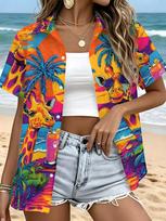 Women'S Summer Casual Short Sleeve Shirt, Giraffe Palm Tree Sunset Print XXXL blue