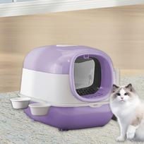 Cat Litter Box with Hood And Door for Indoor Use, Includes Bowls violetinė