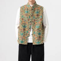 Men New Chinese Style Vest Men Sleeveless Mandarin Collar Jacket Men Jacquard Tang Suit Waistcoat Man Frog Button Oriental Vests 4XL geltona