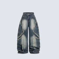 Distressed Wide Leg Denim Pants With Raw Hem Patchwork Details Relaxed Fit Straight Cut Jeans Men Women XXL mėlyna