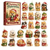 Dog Lover Gift Box Cute Puppies Advent Calendar, 24 Days Christmas Countdown Calendar with 2D Pomeranian Decoration Flat Acrylic Pendants A white