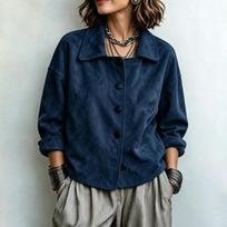 Women's Vintage Jacket with Lapel Collar, Loose Fit Single-Breasted Casual Coat XL tamsiai mėlyna