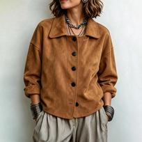Women's Vintage Jacket with Lapel Collar, Loose Fit Single-Breasted Casual Coat L šviesiai ruda spalva