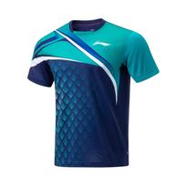 Li-Ning Ping Pong Series Round Neck Color Block Diamond Print Quick-Dry Short Sleeve T-Shirt Unisex Tops Blue AAYU033-2 XL blue