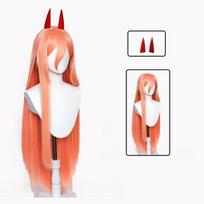 Grandininio pjūklo žmogus Power perukas Cosplay ilgas tipas 2 spalvos plaukai karščiui atsparūs Makimos Power perukai Rekvizitas ragai dantys Anime as the picture-One Size beige