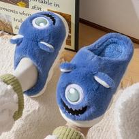 2024 Autumn/Winter Cute Big Eyes Cotton Slippers Plus Fleece Warm Indoor Home Thick Sole Non-slip Couple High Top Cotton Shoes 44-45 blue