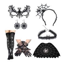Helovino Voratinklio Kostiumas Moterims Juodi Nėriniai Galvos Juosta Chokeris Pirštinės Voratinklio Apsiaustas Kaukė Aukštakulnės Ilgos Kojinės 7pcs black